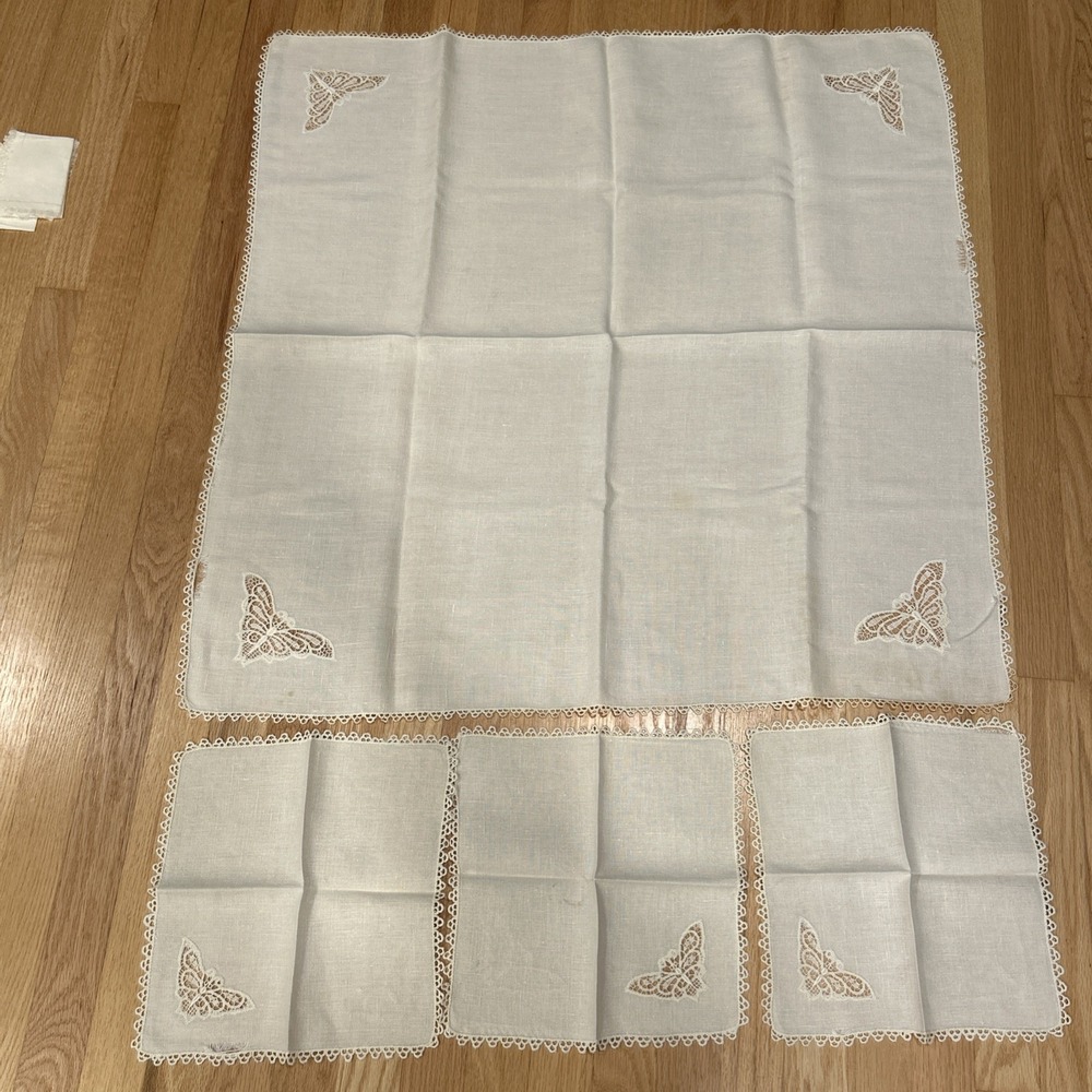 Vintage Linen Tablecloth Set 33x34 3 Napkins Butterfly Venice Lace Cutter ASIS